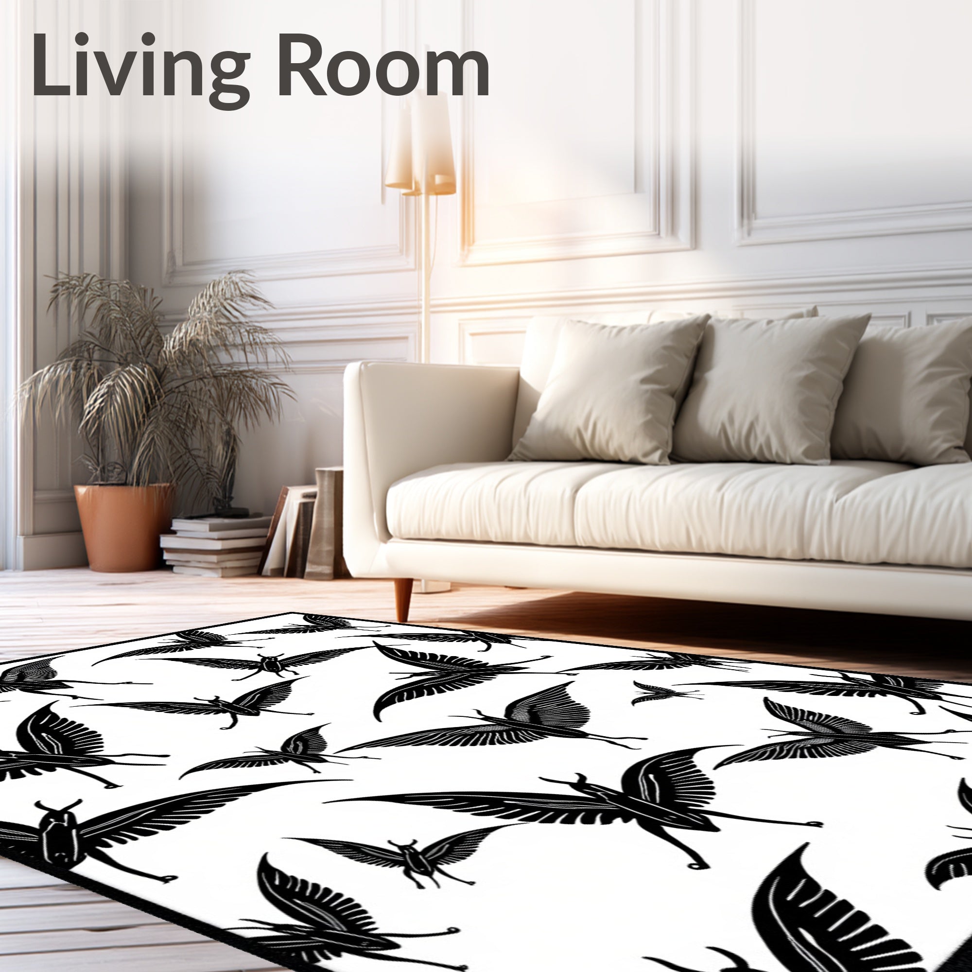 Vibrant Black White Winged Creatures Rug