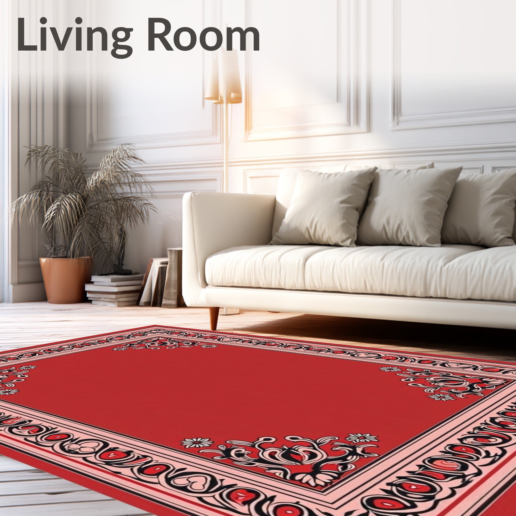 Crimson Floral Scroll Border Rug