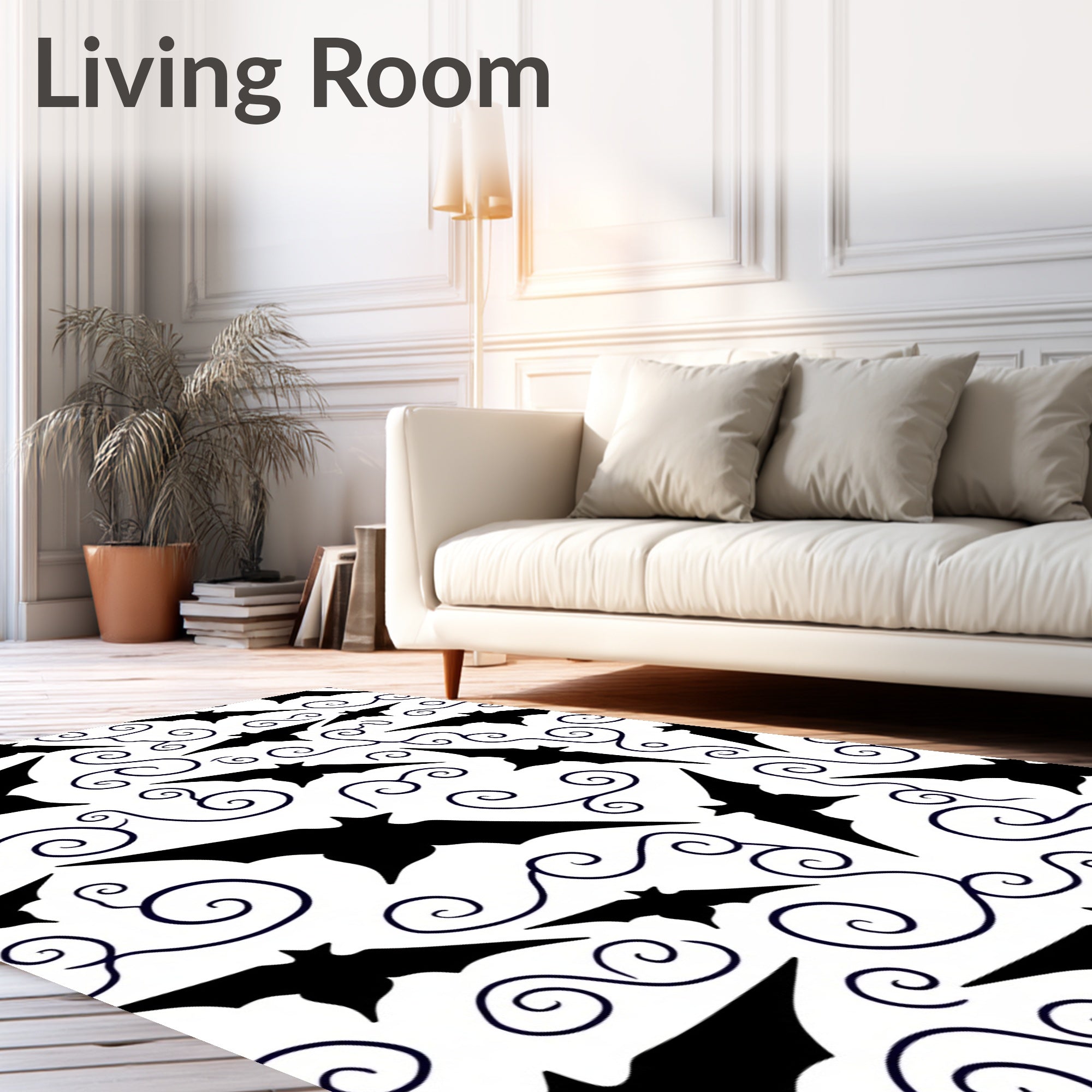 Black Flying Bats Swirling Vines Rug