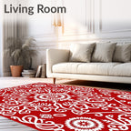 Red White Mandala Scrollwork Medallion Rug