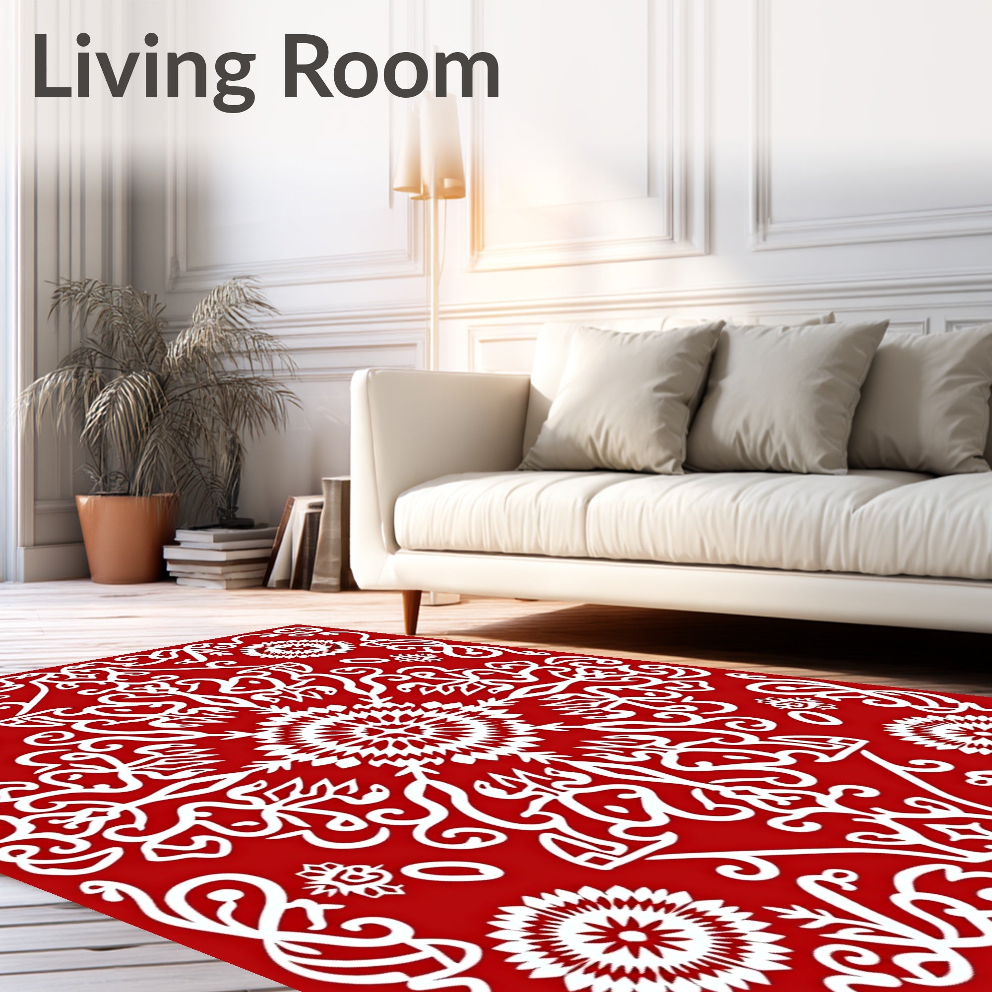 Red White Mandala Scrollwork Medallion Rug