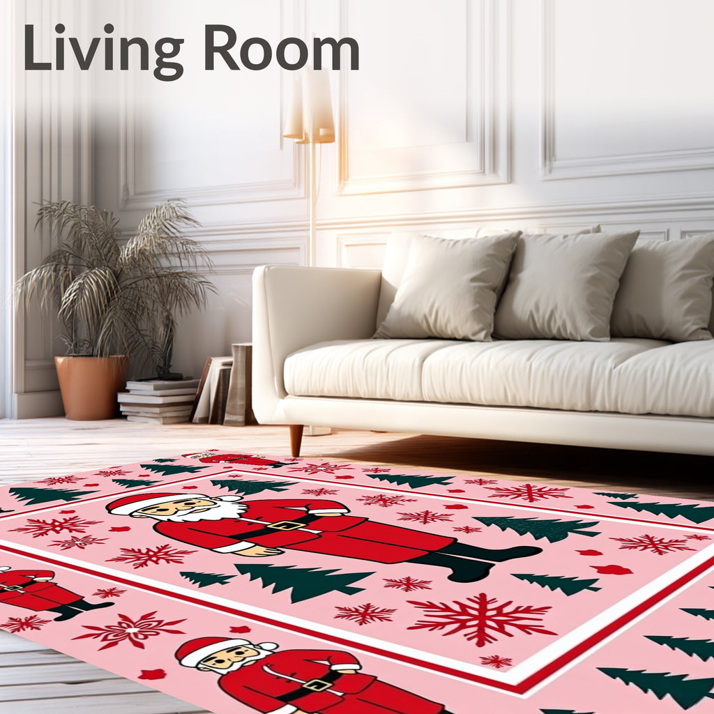 Festive Red Santa Claus Snowflakes Trees Rug