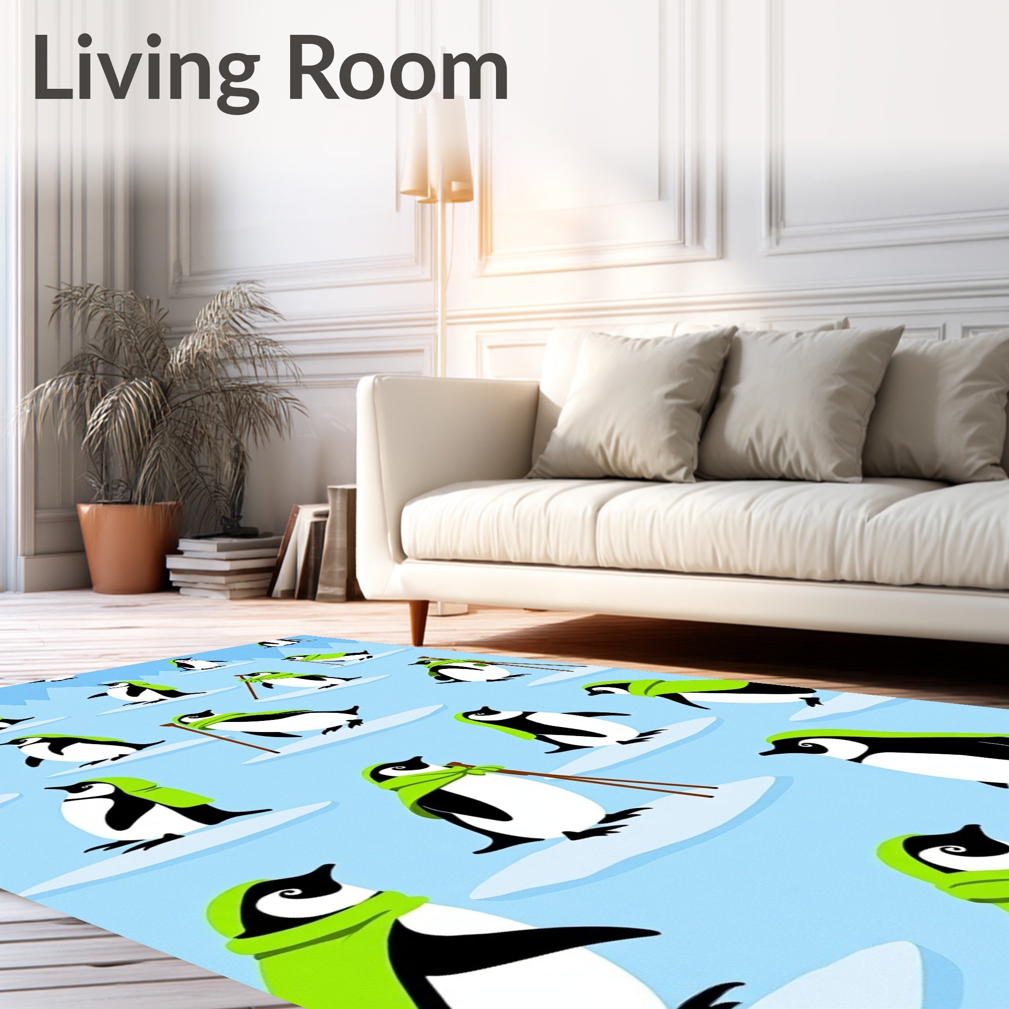 Whimsical Green Scarf Penguins on Ice Rug