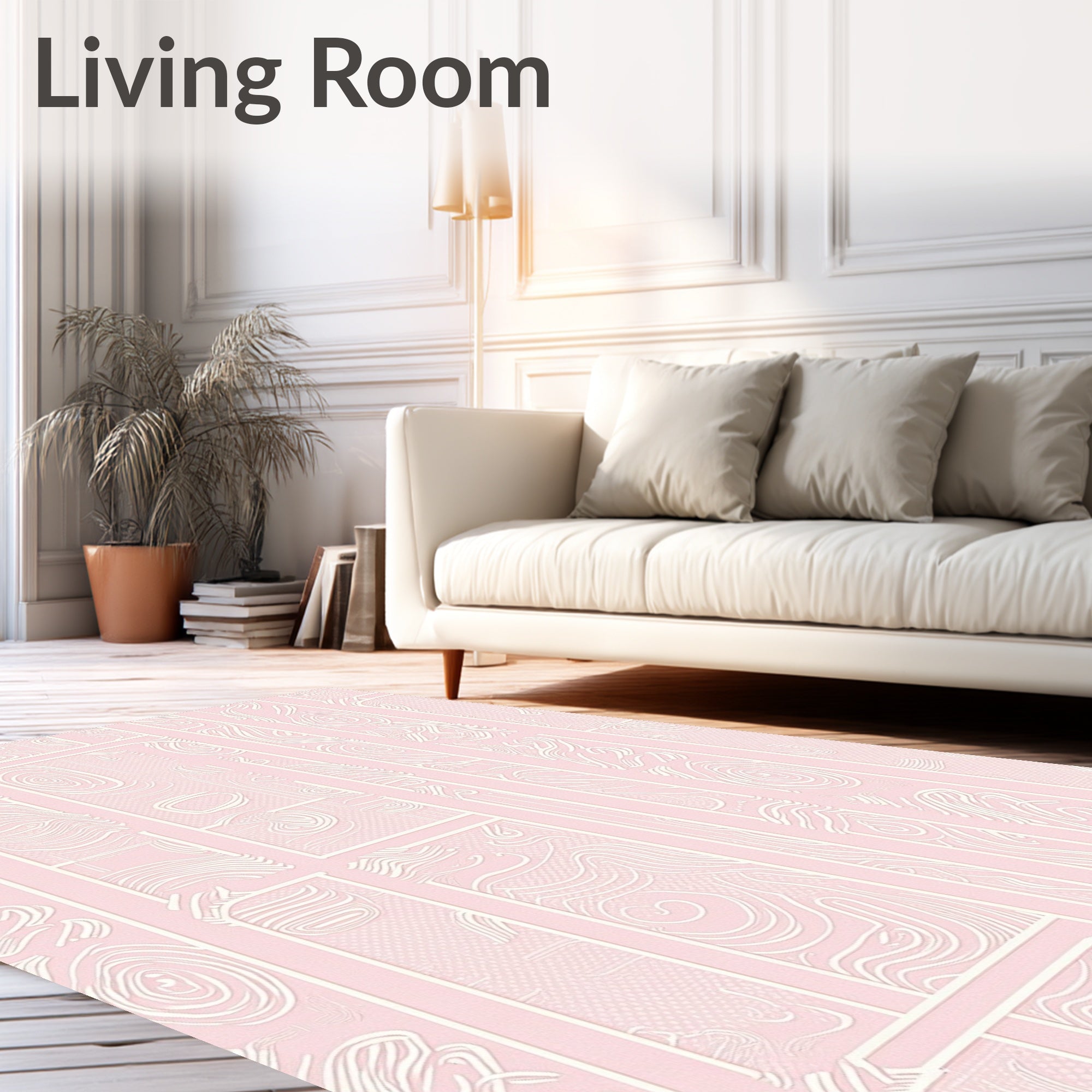 Soft Pink Curlicue Geometric Panels Rug