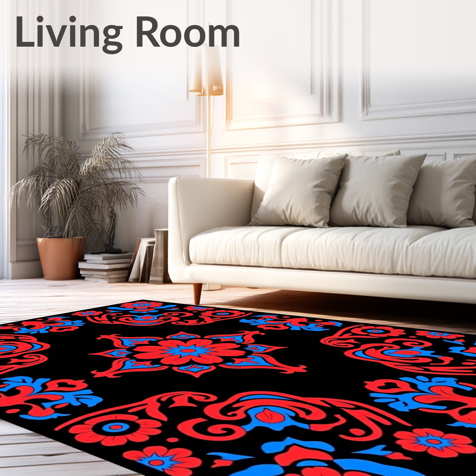 Reds Blues Black Floral Symmetry Rug