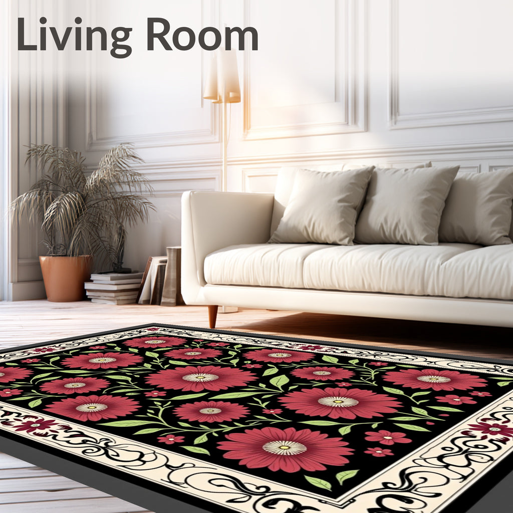 Crimson Dahlia Floral Garden Border Rug