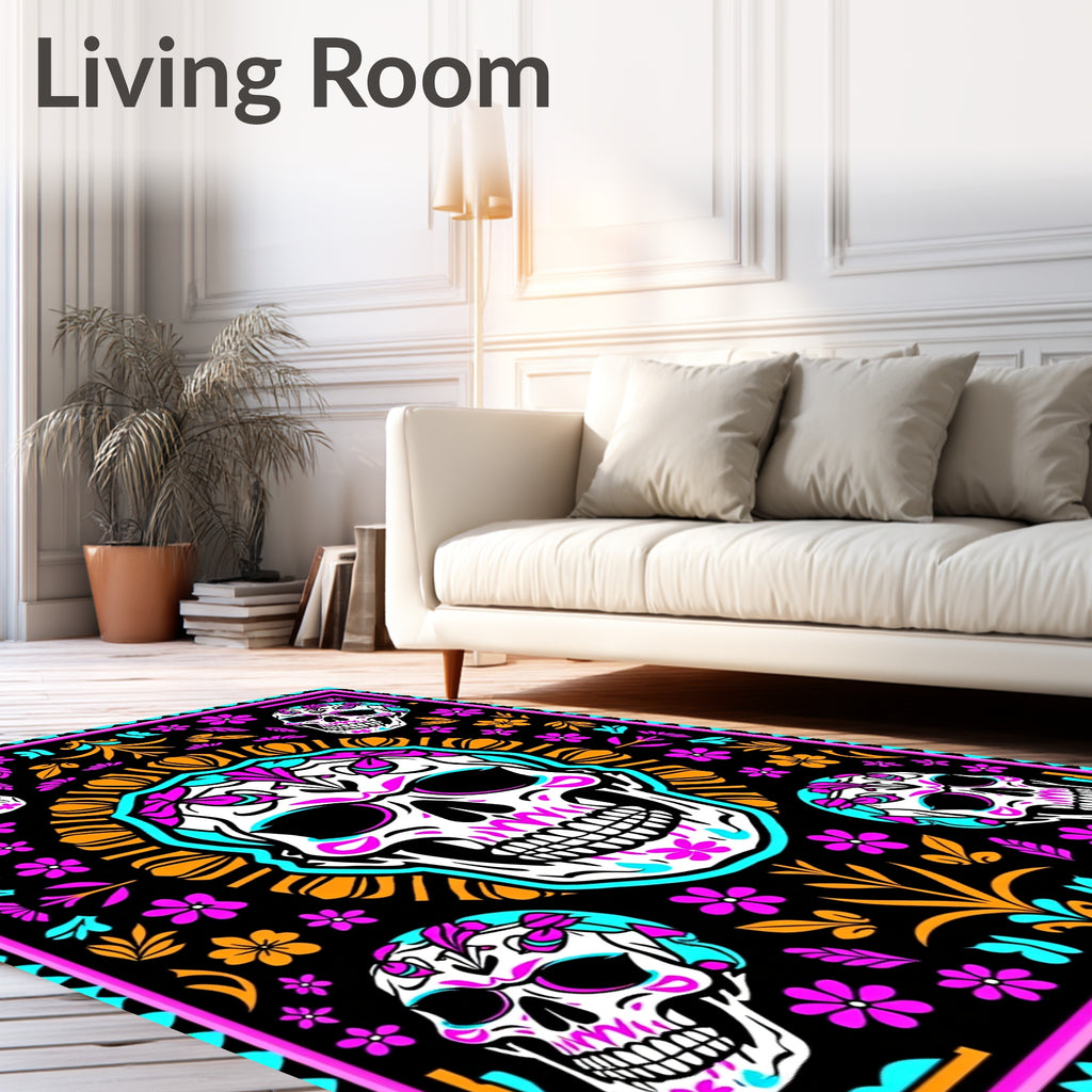 Vibrant Skull Floral Day Of Dead Rug