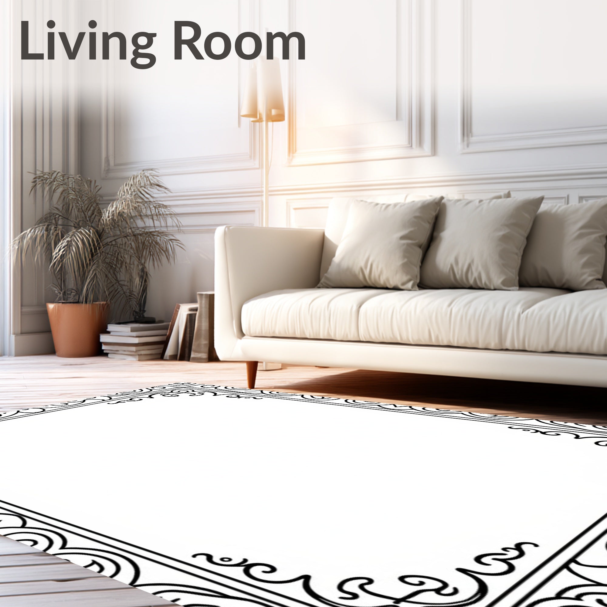 Ornate Black Scrollwork Border Rug