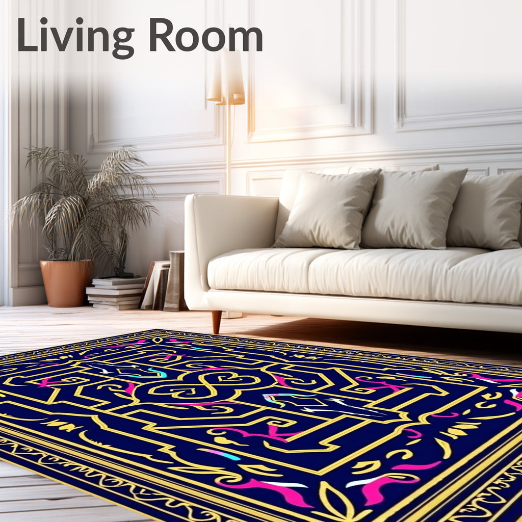 Deep Blue Golden Geometric Swirl Rug