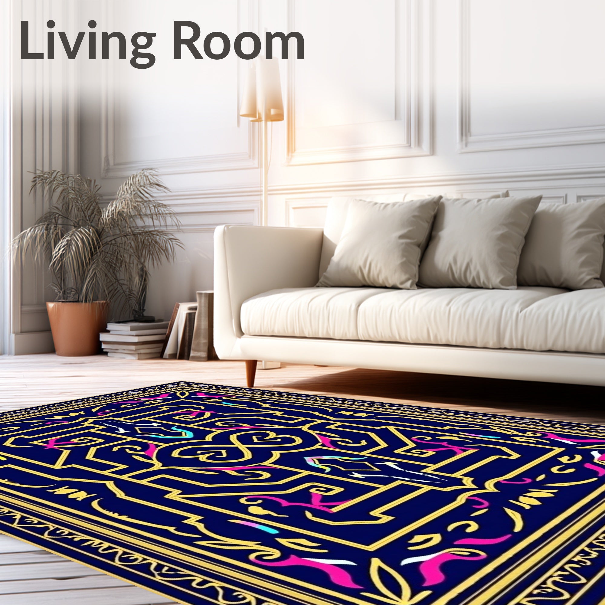 Deep Blue Golden Geometric Swirl Rug
