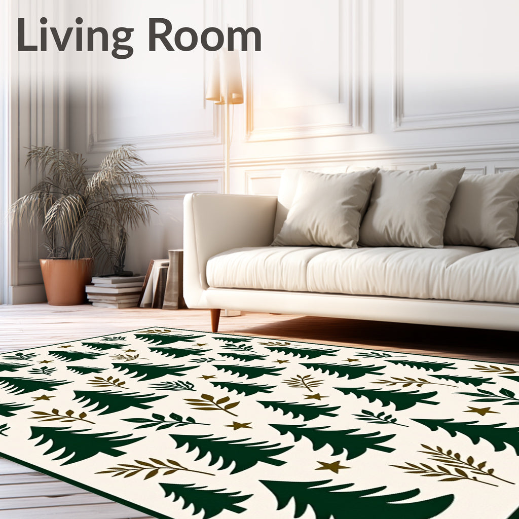 Forest Green Trees Branch Stars Ivory Rug