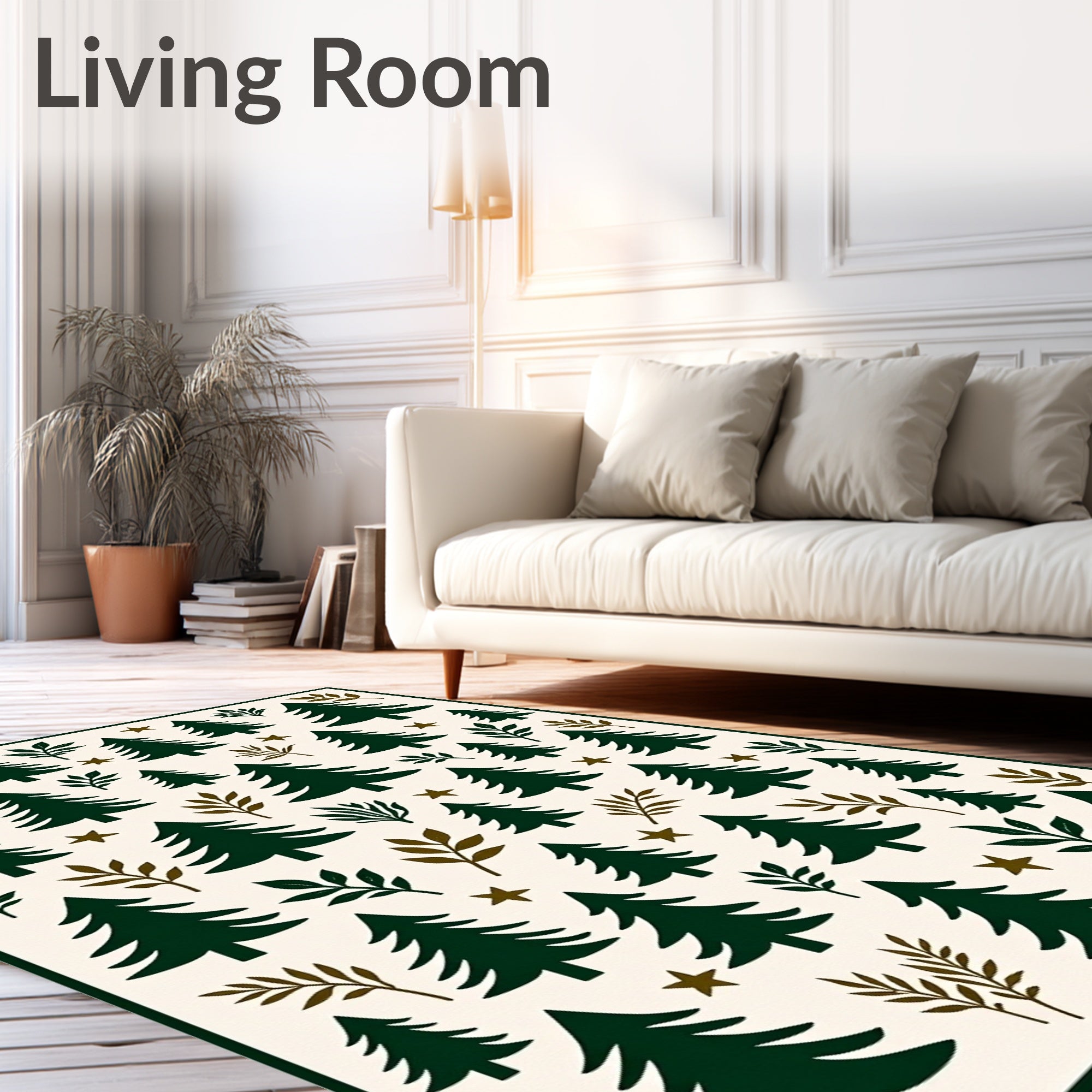 Forest Green Trees Branch Stars Ivory Rug
