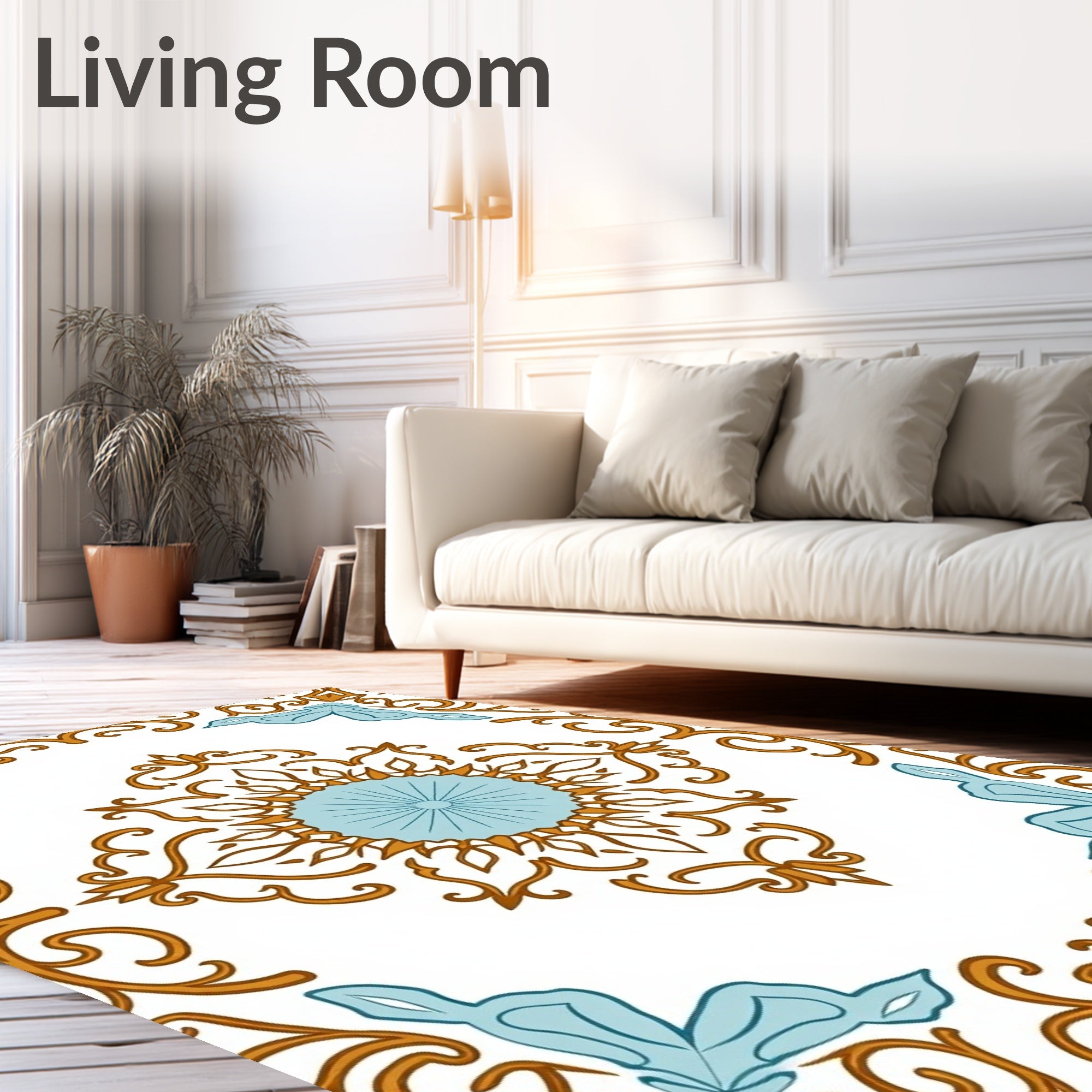 Ornate Blue Gold Scrollwork Tile Rug