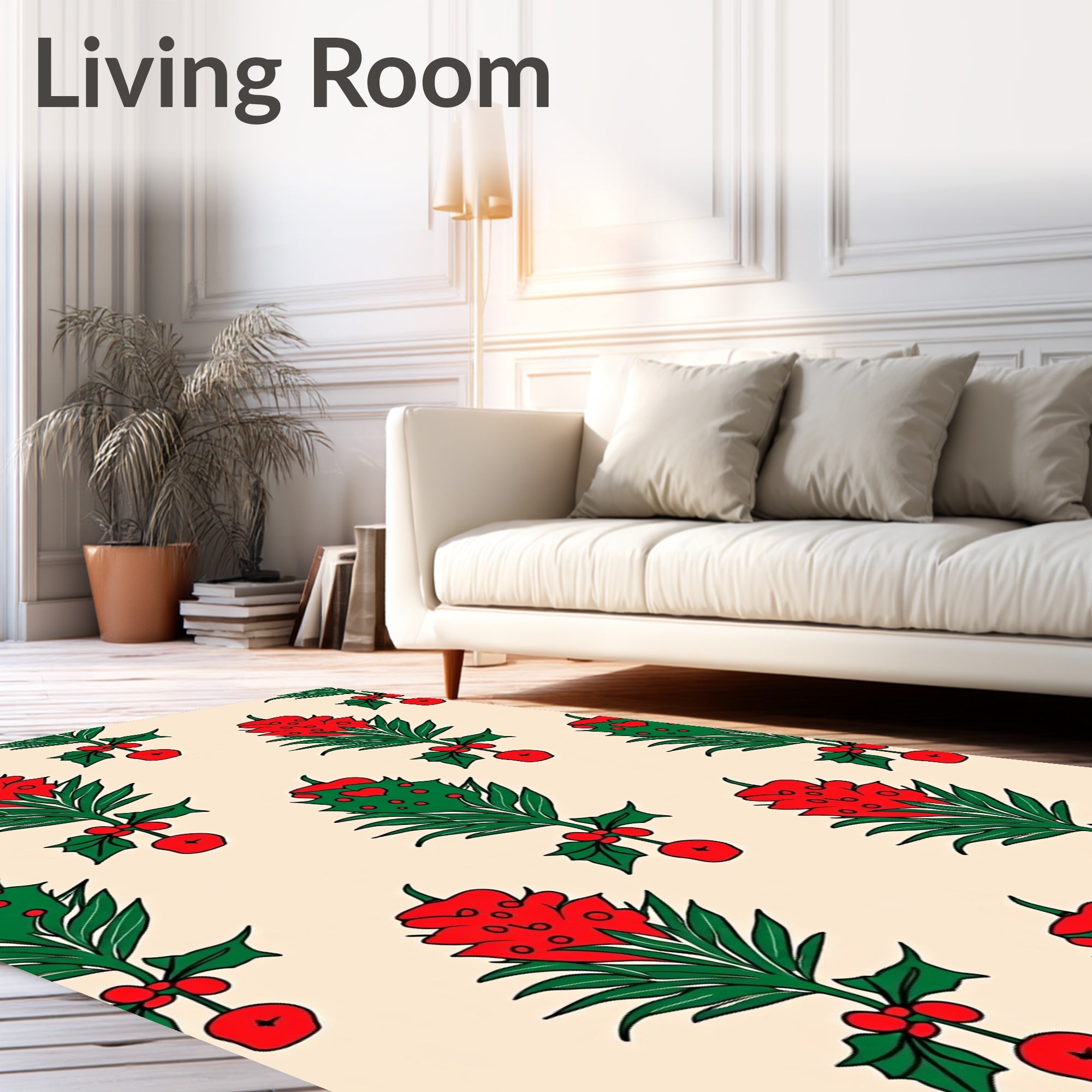 Festive Red Green Holly Berry Branch Rug