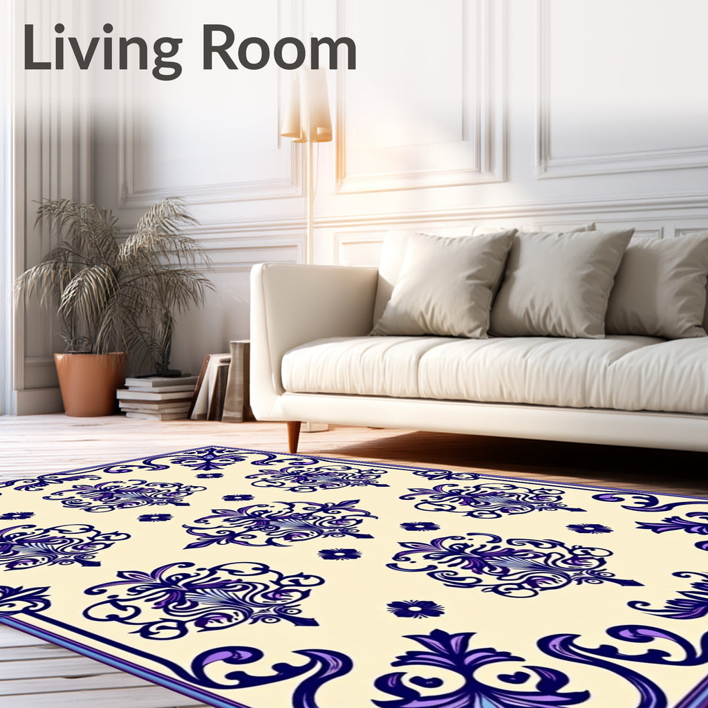 Cream and Royal Purple Damask Flourish Rug