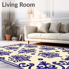 Cream and Royal Purple Damask Flourish Rug