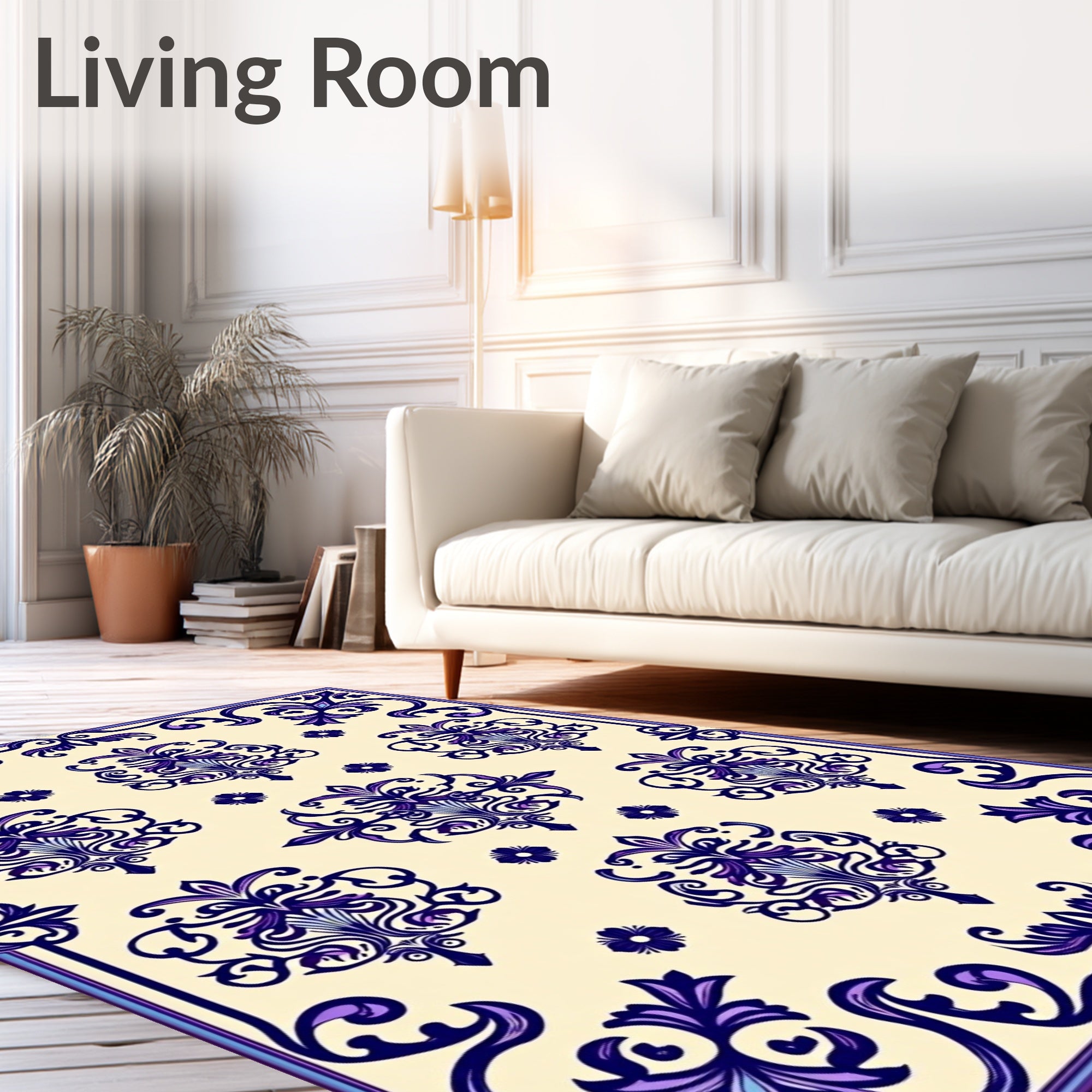 Cream and Royal Purple Damask Flourish Rug