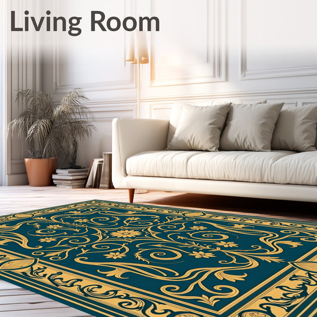Ornate Teal Floral Scrollwork Rug