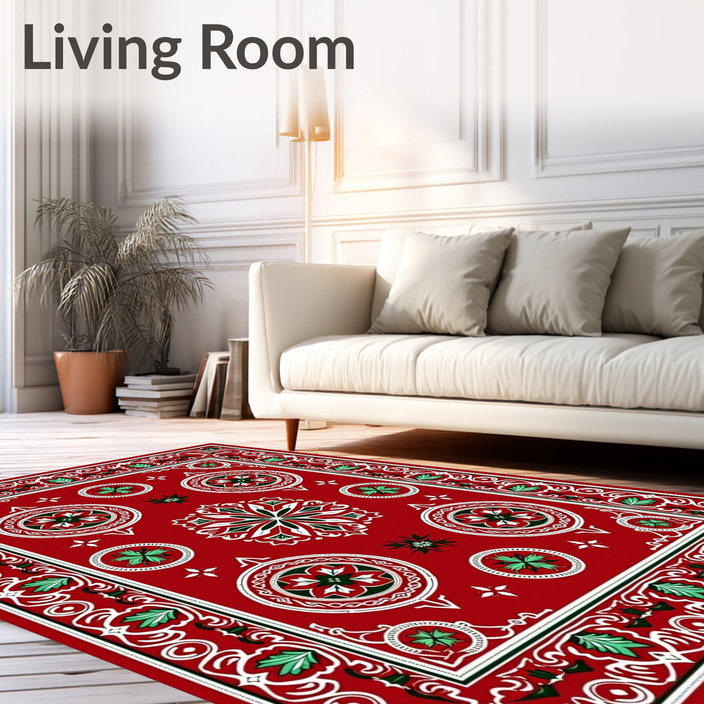 Crimson White Green Medallion Mandala Rug