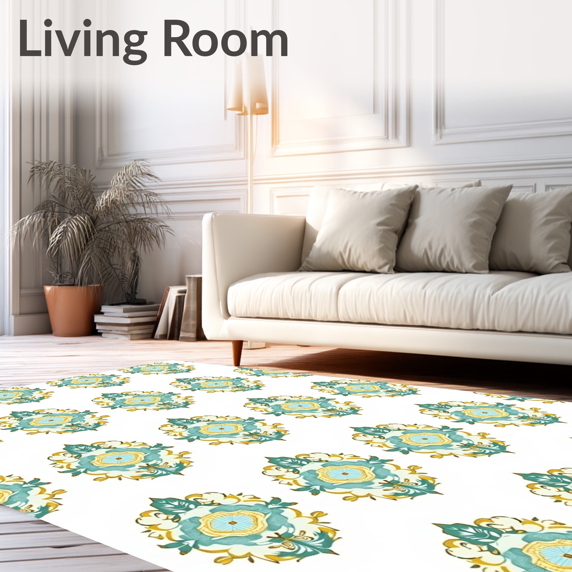 Aqua Gold Floral Crest Medallion Rug