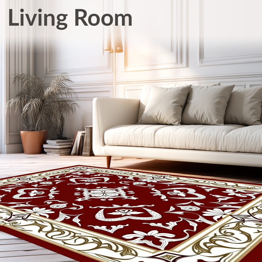 Deep Red White Botanical Scrollwork Rug