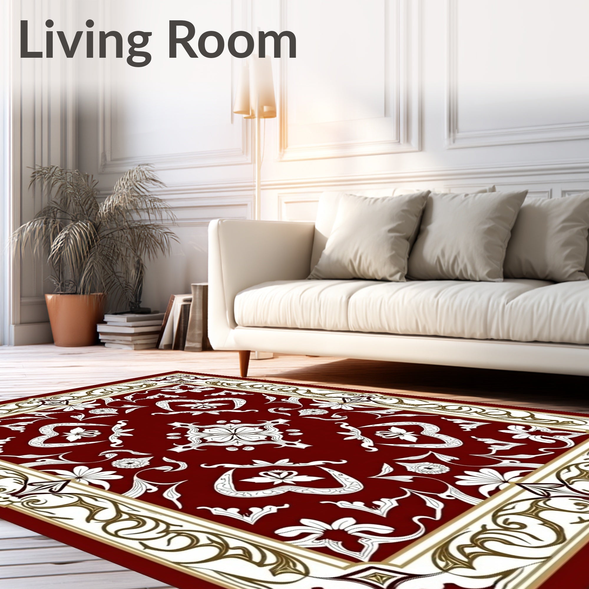 Deep Red White Botanical Scrollwork Rug