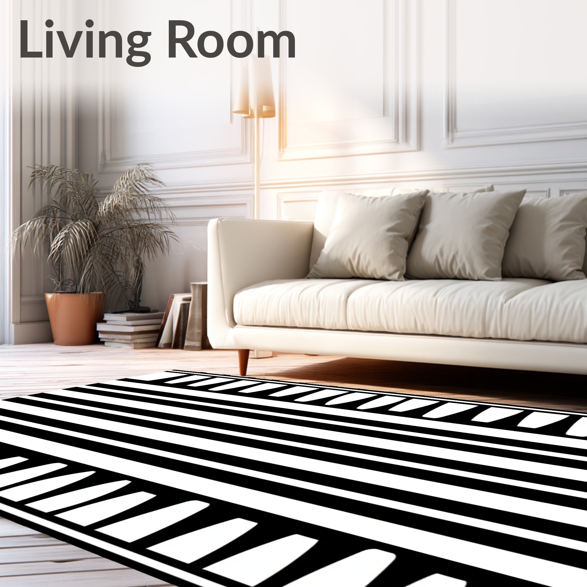 Bold Black White Vertical Stripe Border Rug