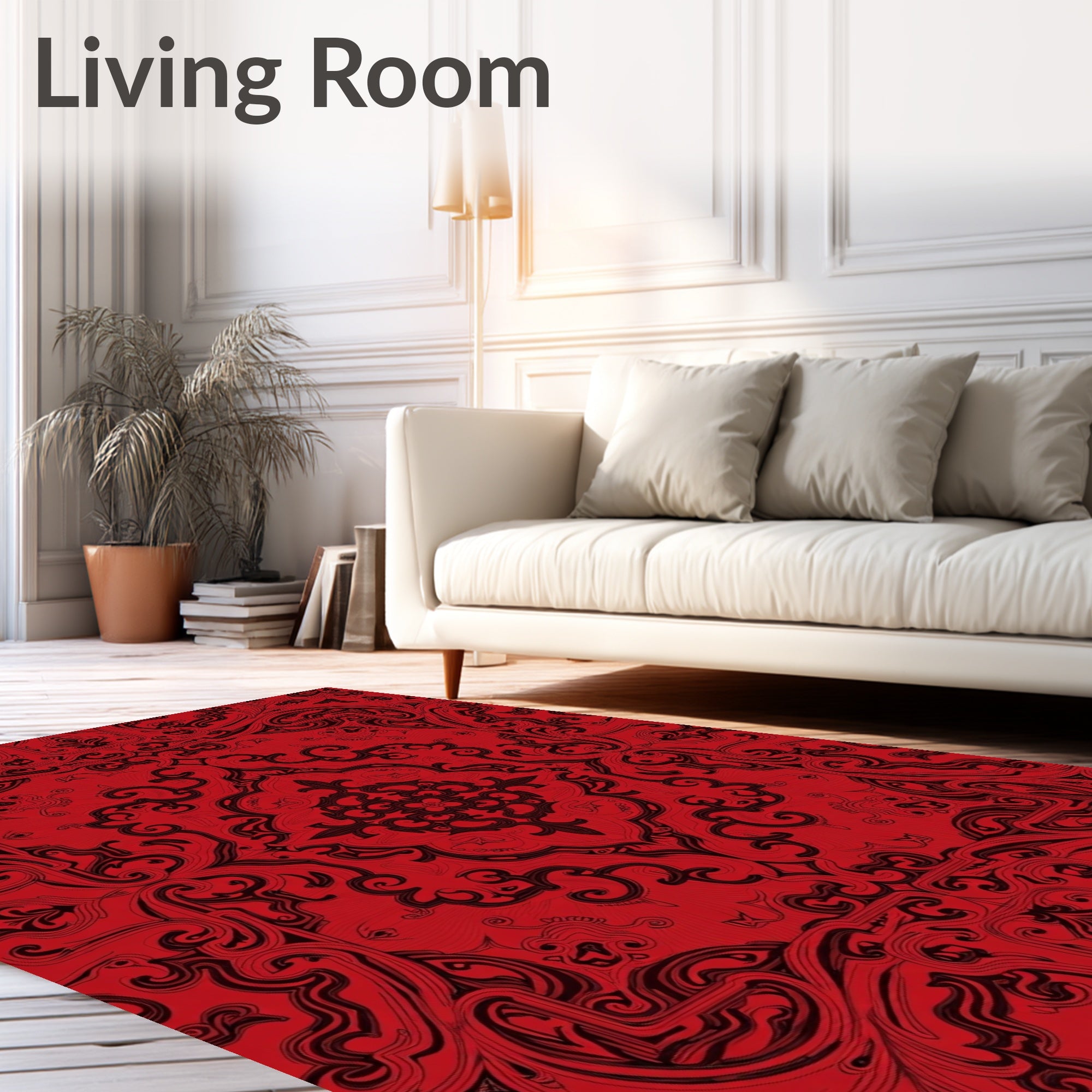 Crimson Black Ornate Scrollwork Mandala Rug