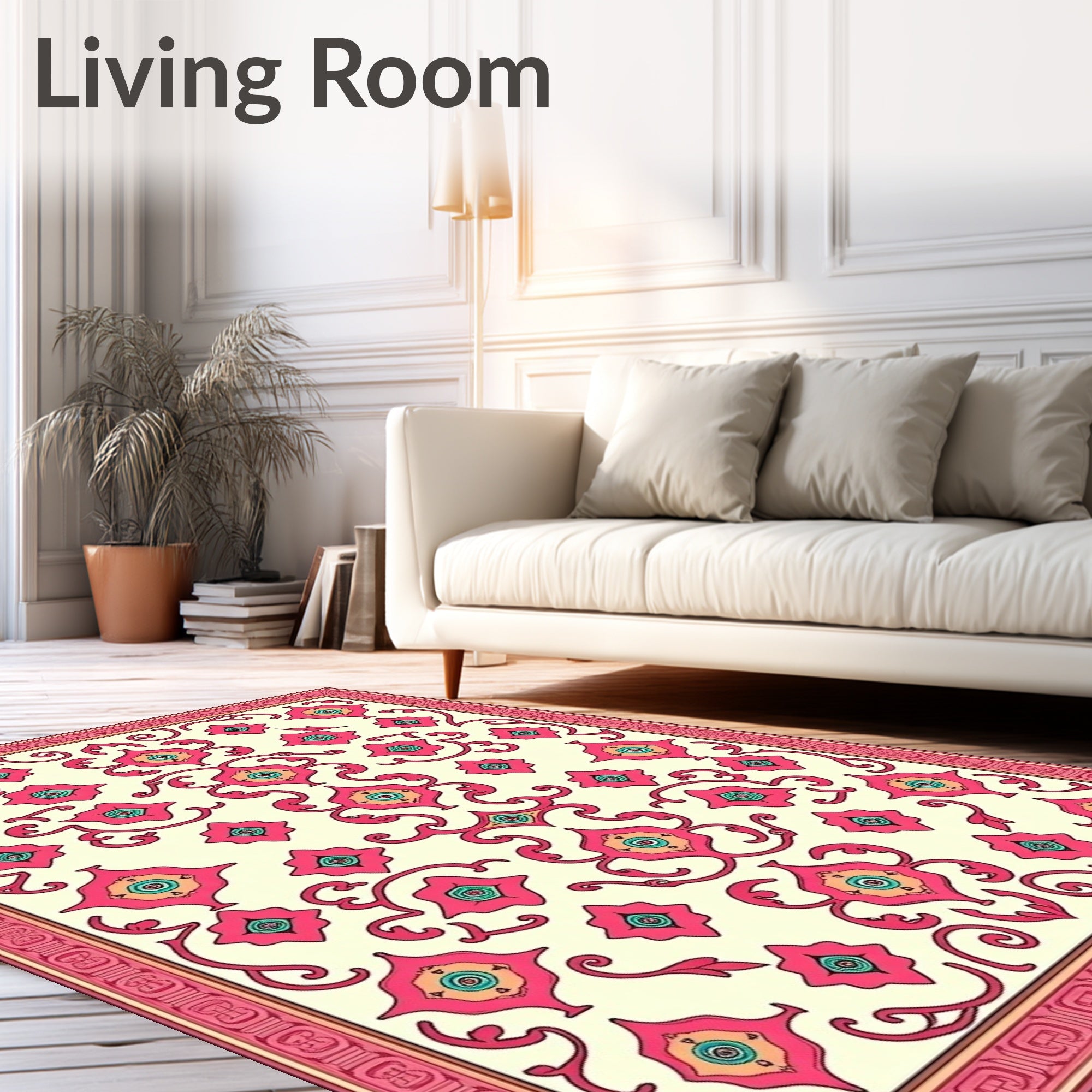 Pink Floral Medallion Cream Border Rug