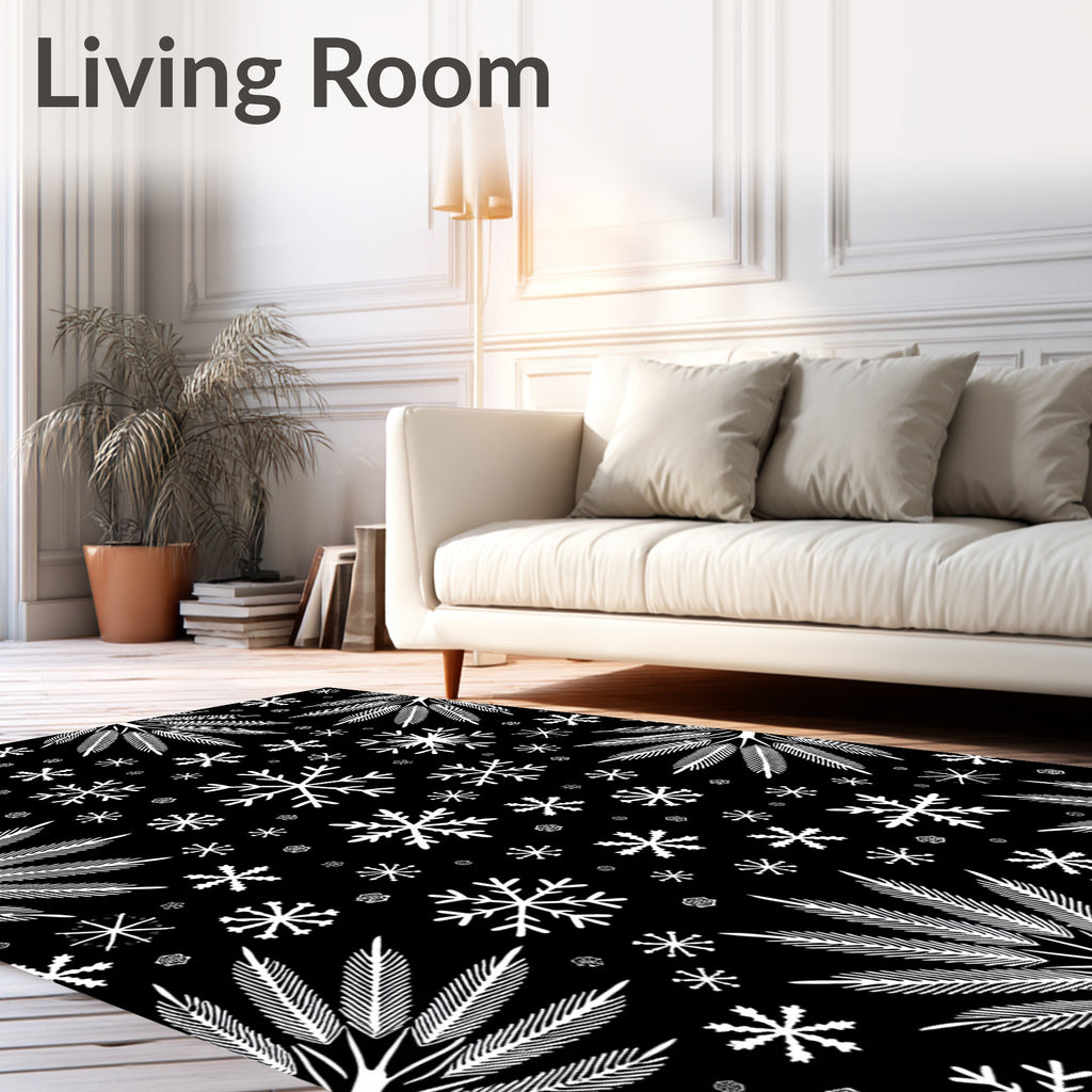 White Snowflakes and Ferns on Black Rug