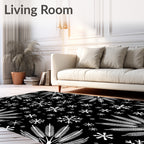 White Snowflakes and Ferns on Black Rug