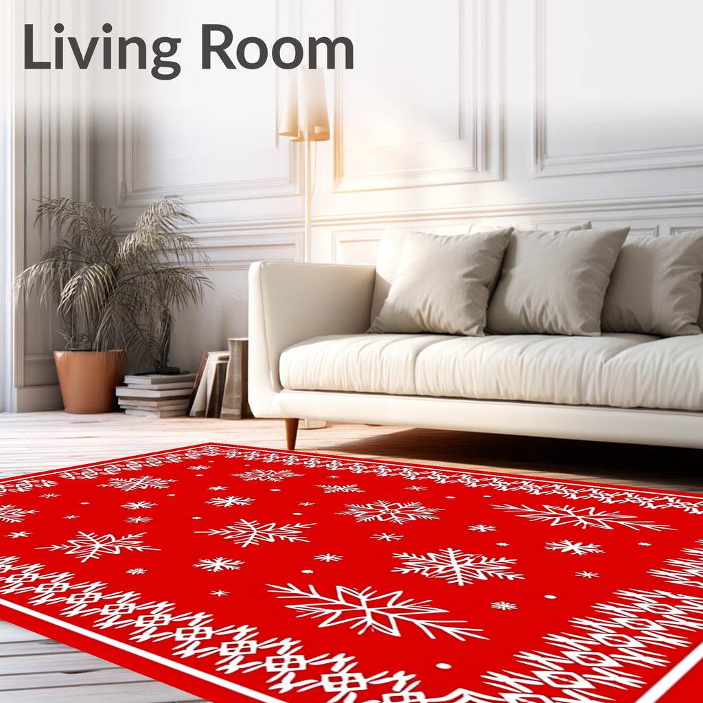 Crimson White Snowflake Winter Border Rug