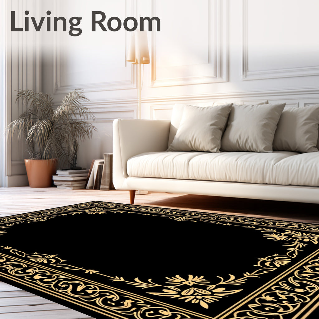 Golden Floral Ornate Scrolls Border Rug