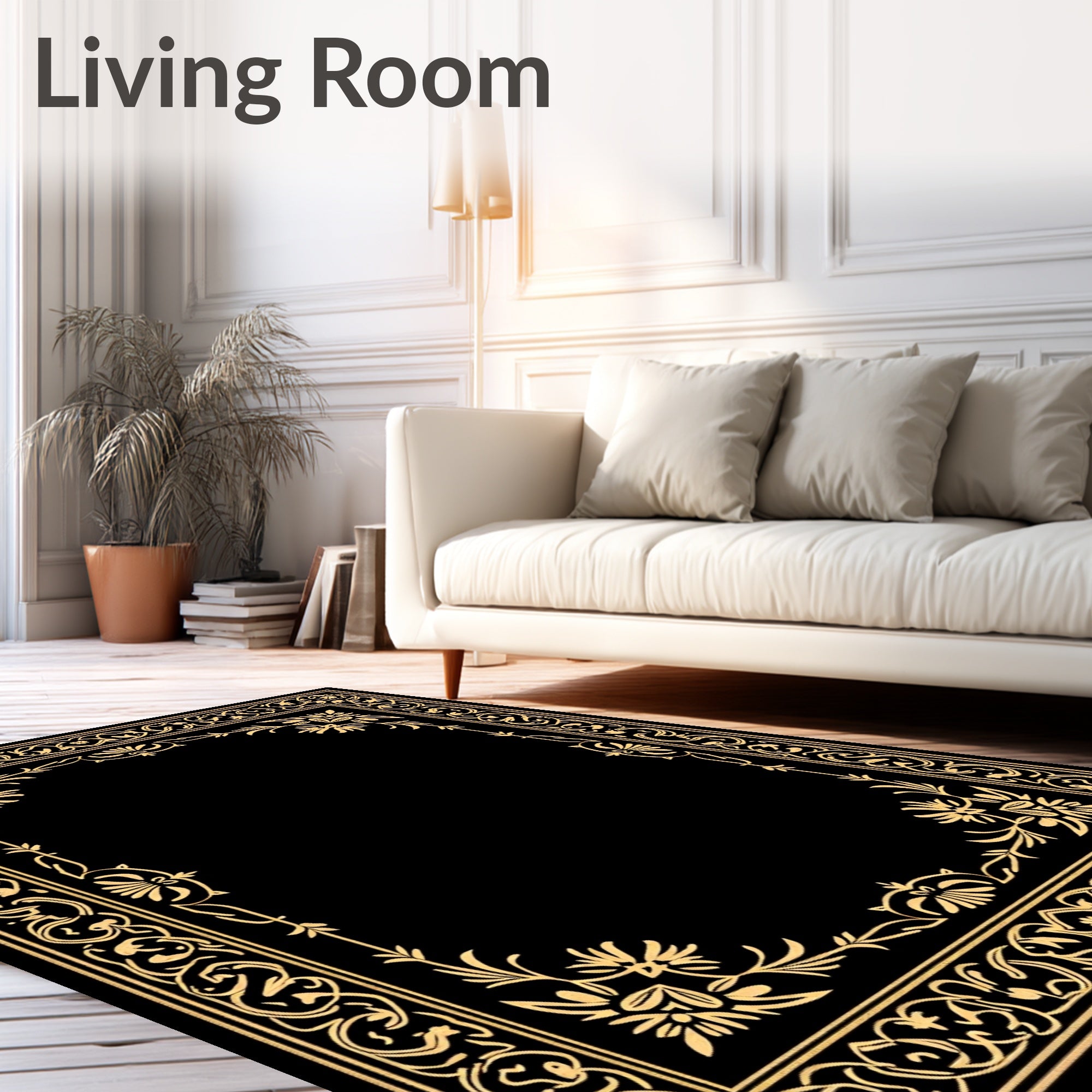 Golden Floral Ornate Scrolls Border Rug