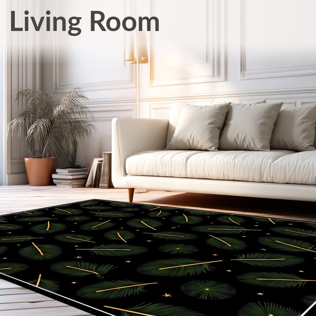 Dark Green Palm Frond Starry Night Rug