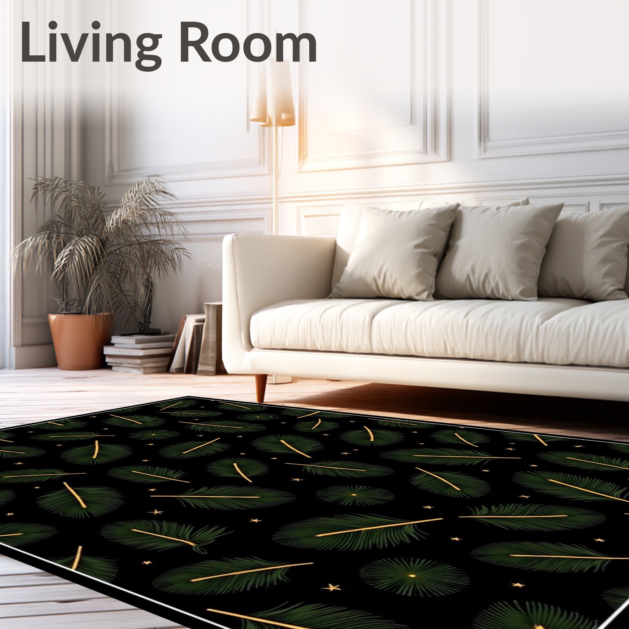Dark Green Palm Frond Starry Night Rug