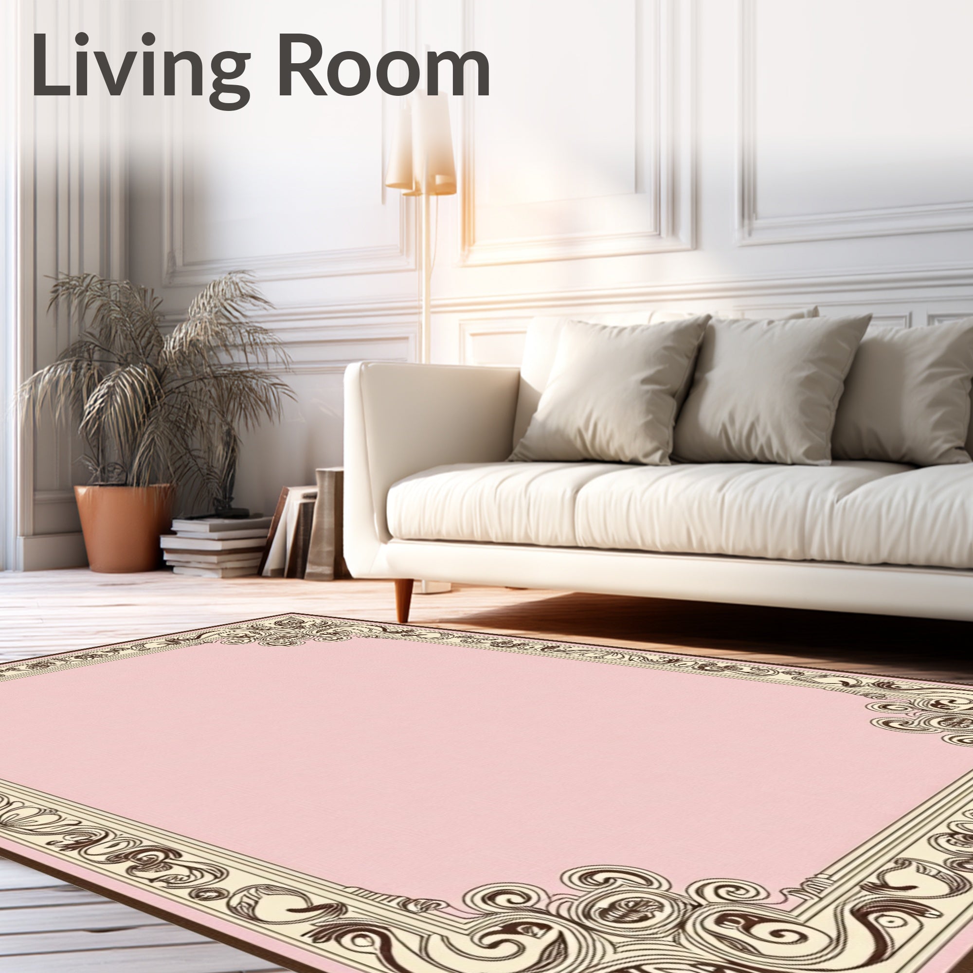 Ornate Pink Scroll Leaf Border Rug
