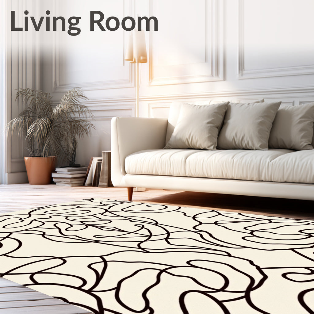 Cream Black Swirling Scroll Abstract Rug