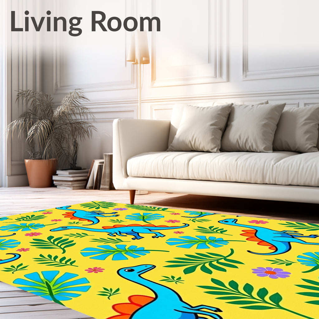 Bright Yellow Dinosaur Floral Foliage Rug