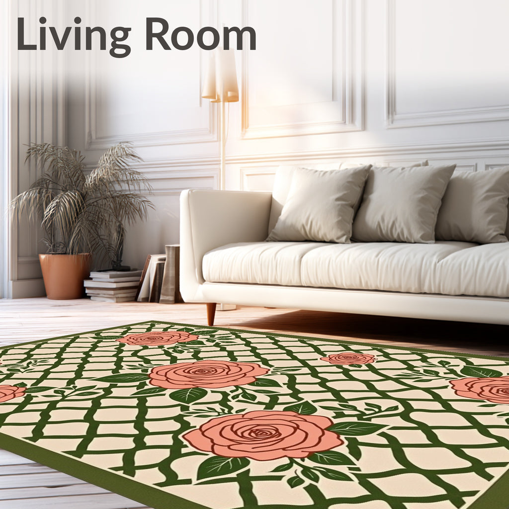 Coral Roses on Green Lattice Ground Rug