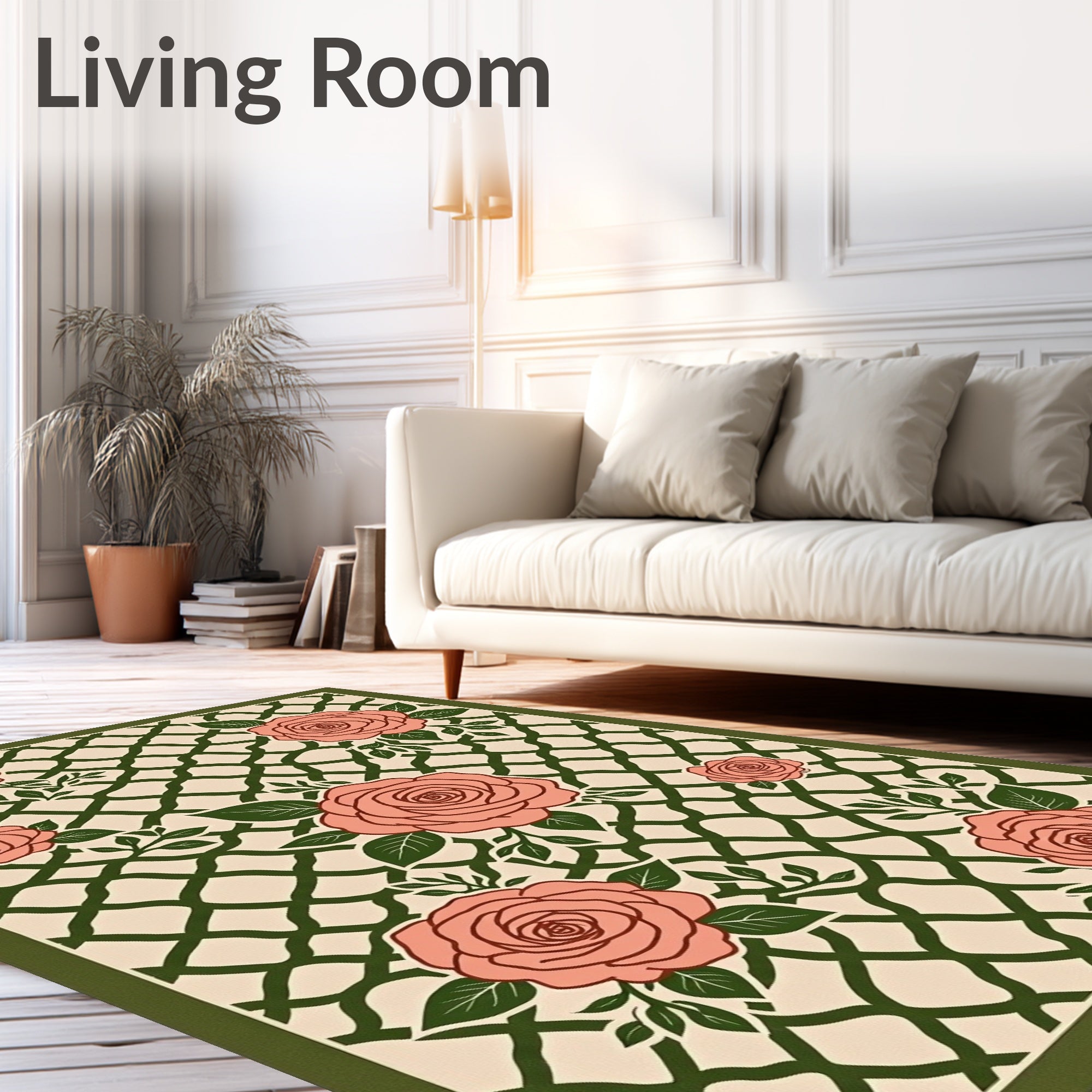 Coral Roses on Green Lattice Ground Rug