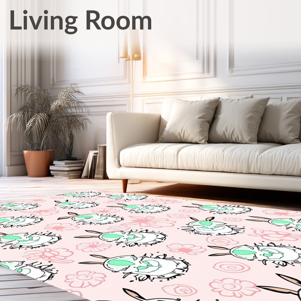 Pink Floral And Bunny Insect Motif Rug