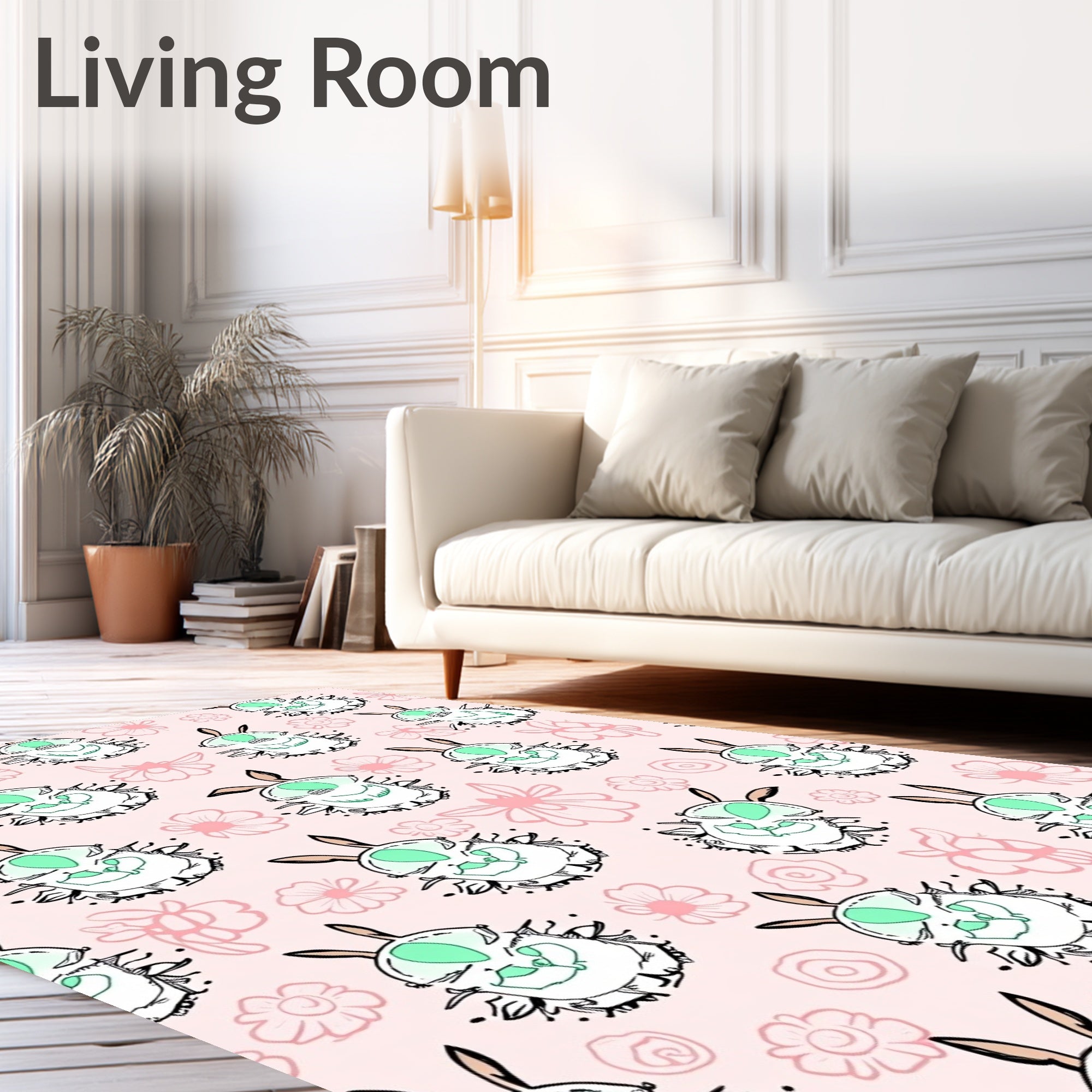 Pink Floral And Bunny Insect Motif Rug
