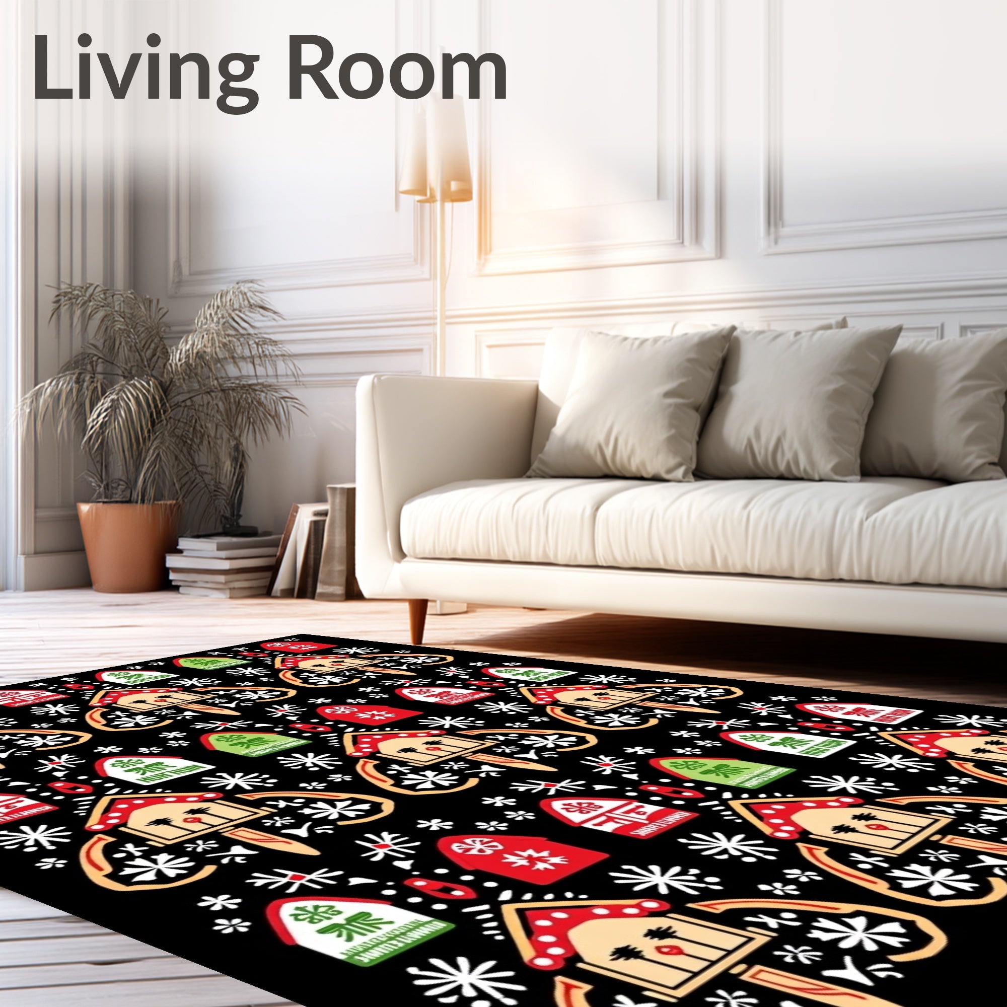 Folk Art Red Houses Snowflake Whimsy Rug