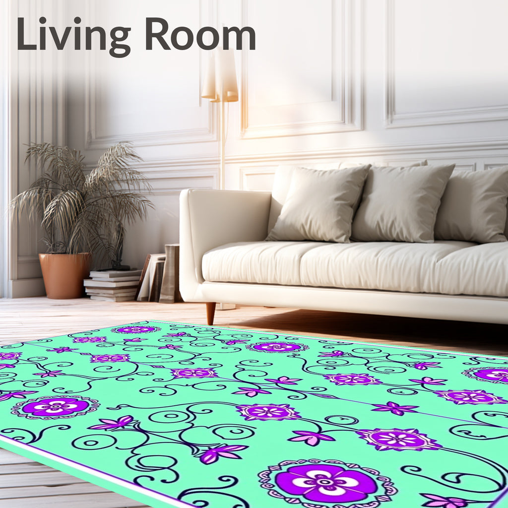 Aqua Purple Floral Vine Scroll Rug
