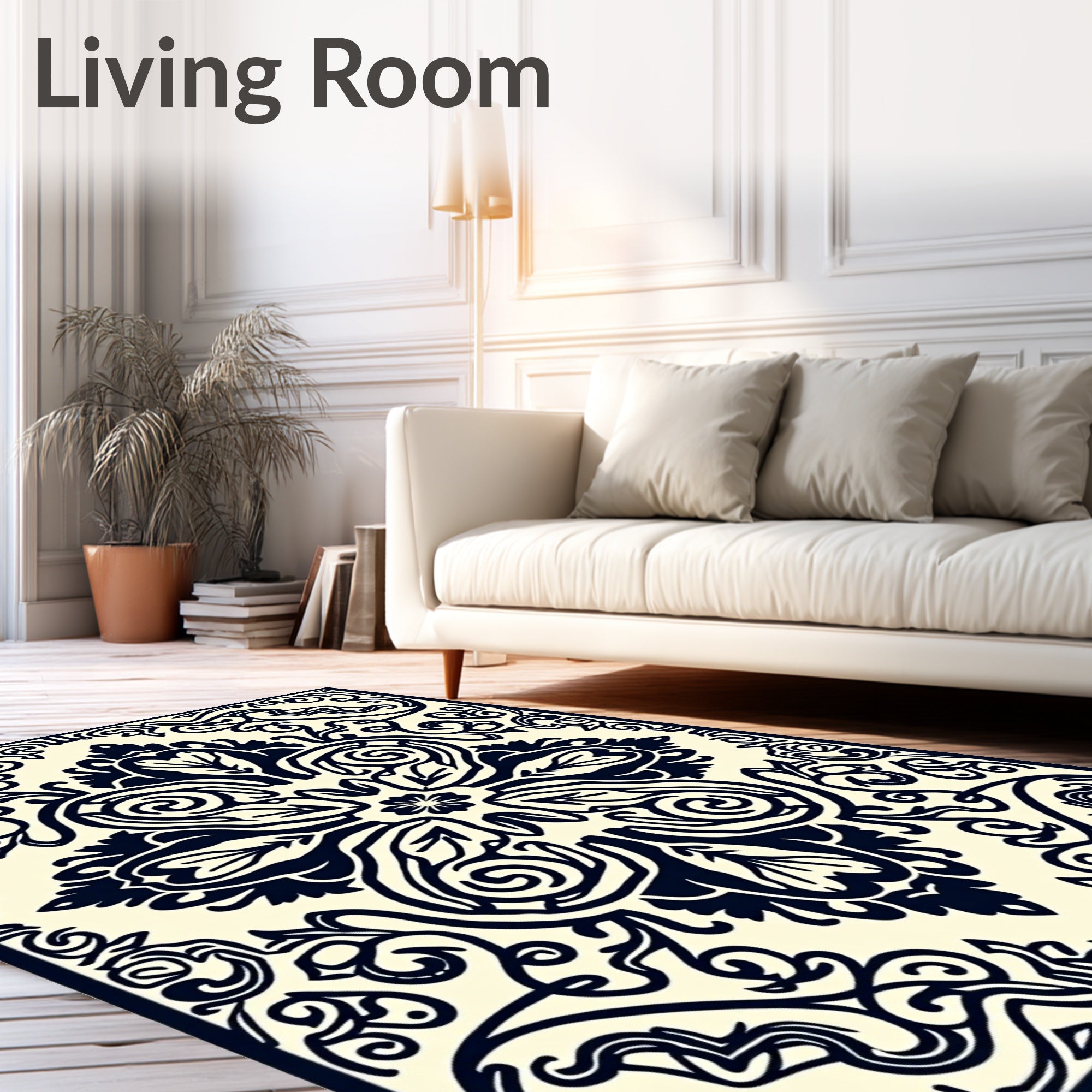 Dark Blue Floral Scrollwork Medallion Rug