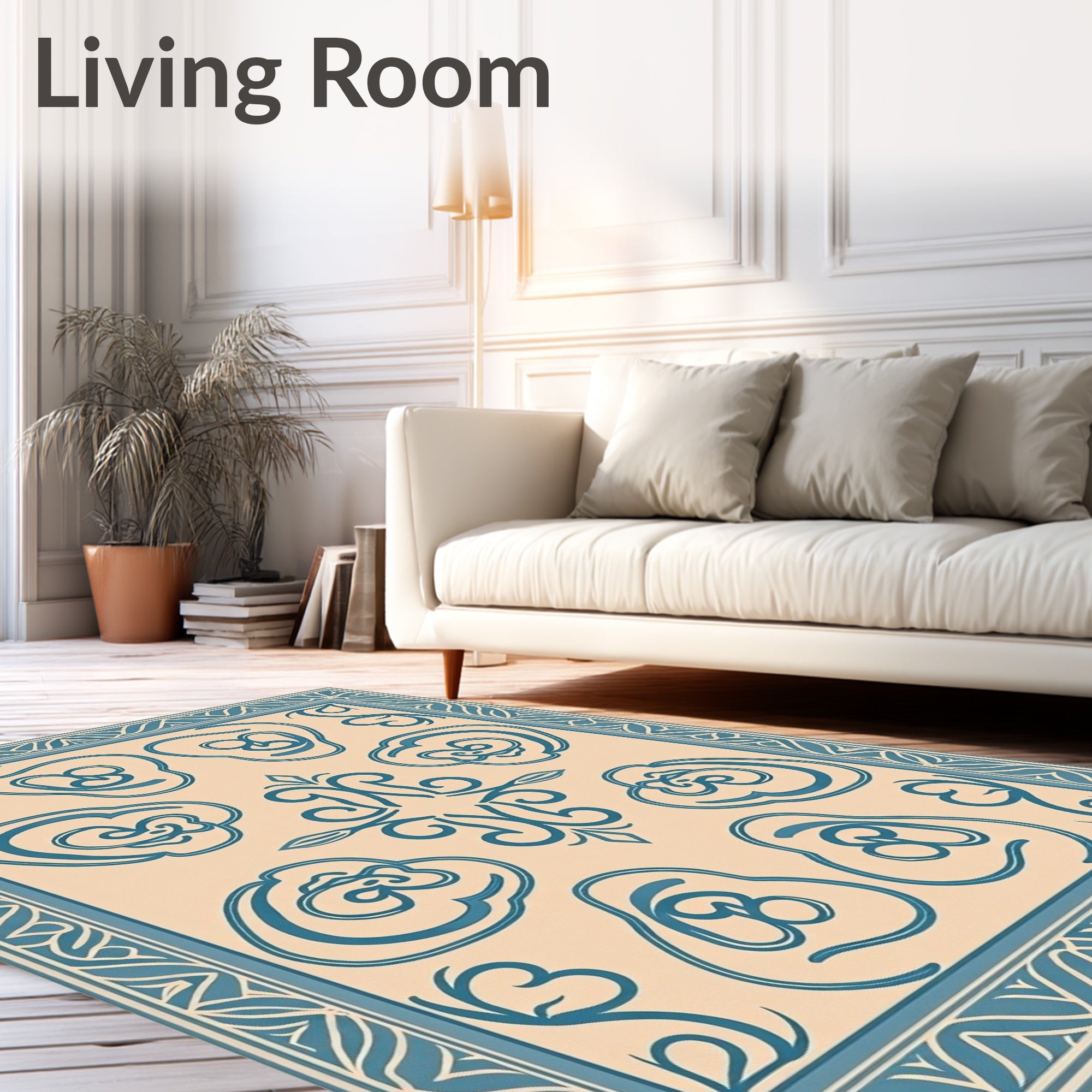 Teal Floral Medallion Cream Border Rug