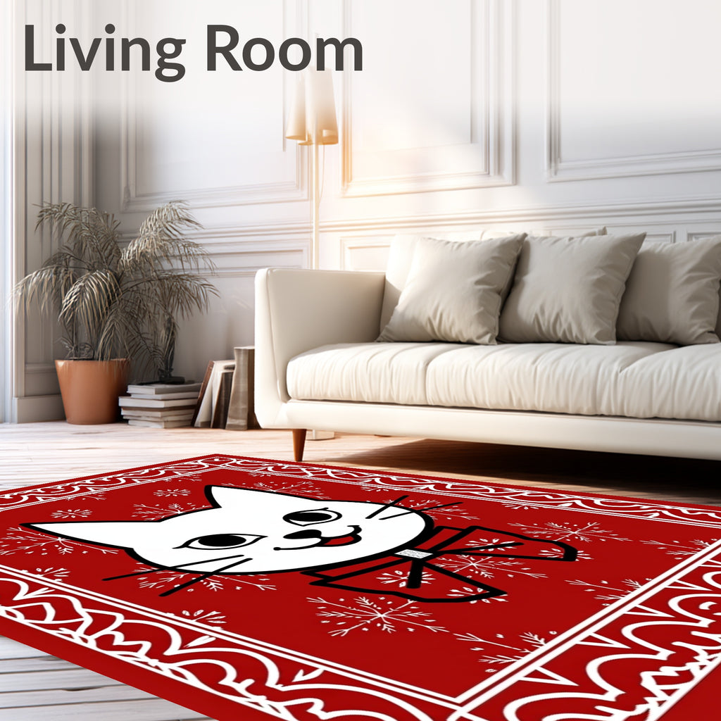 Red White Feline Snowflake Festive Rug
