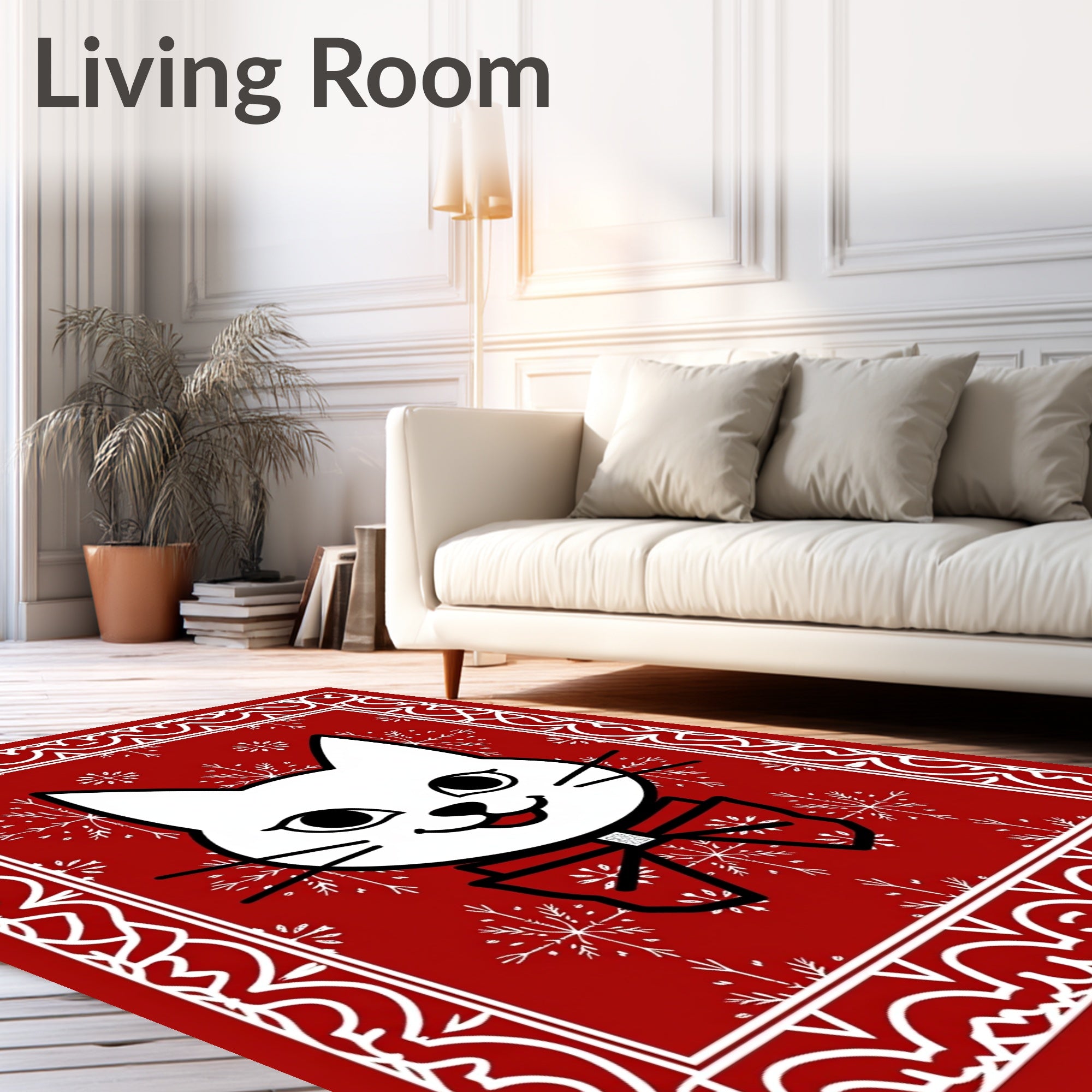 Red White Feline Snowflake Festive Rug
