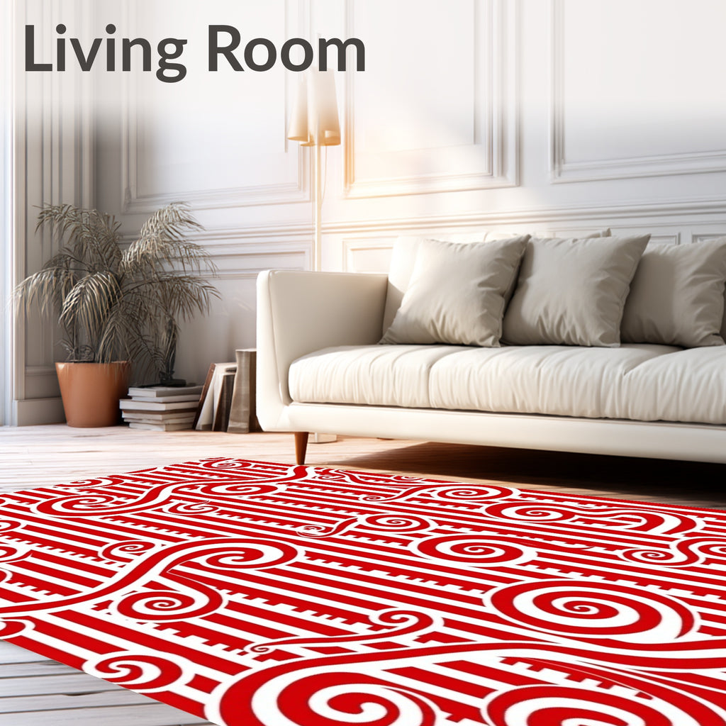 Red White Swirl Stripe Abstract Rug